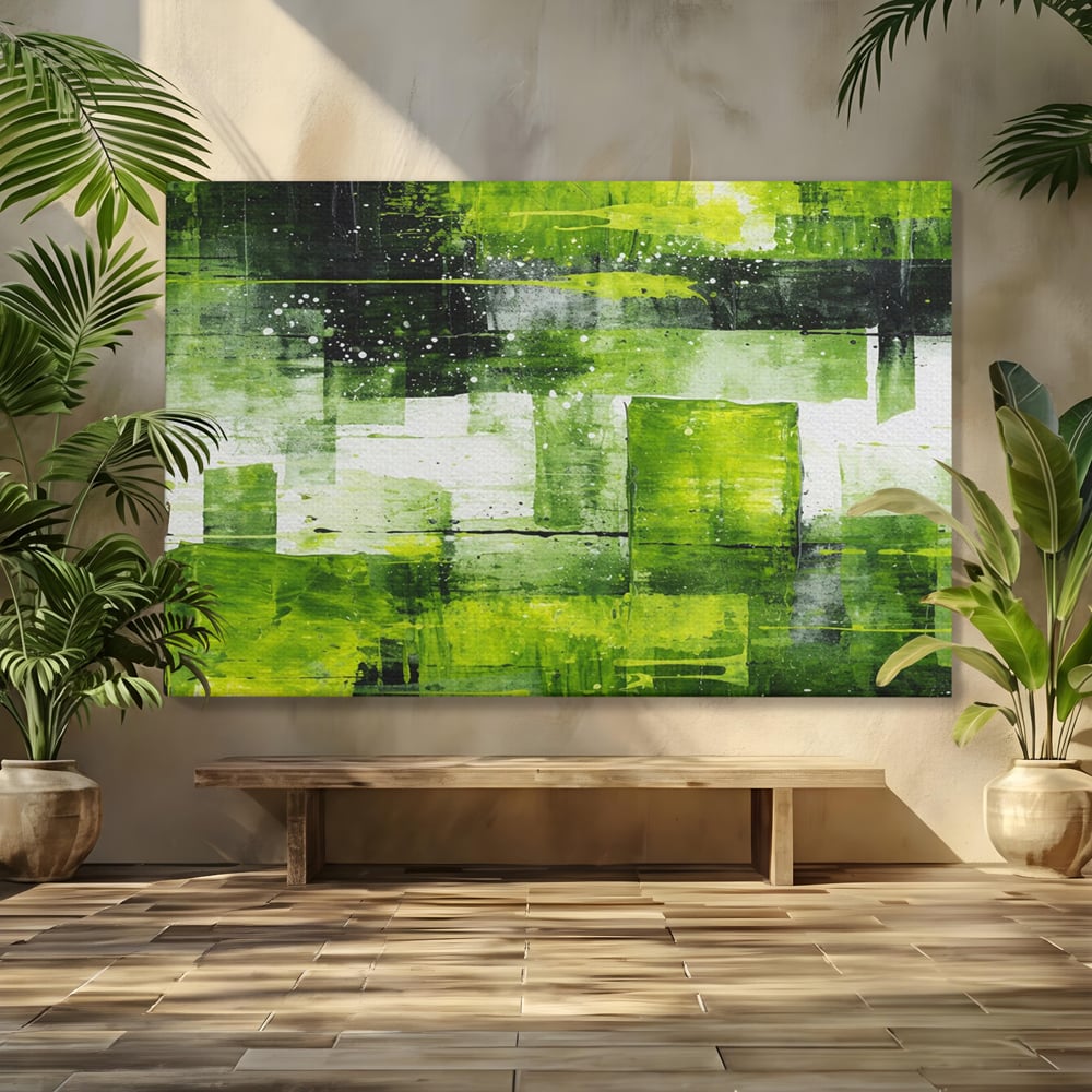 Tablou canvas cu pictura abstracta cu straturi verzi, fara rama, pe sasiu de lemn